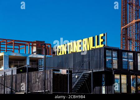 Containerville spazio di lavoro flessibile realizzato con contenitori per spedizioni da Regents Canal, Londra, Regno Unito Foto Stock