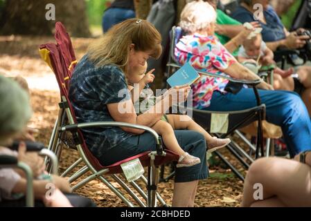 Donna che legge ad un bambino giovane ad un picnic di riunione della famiglia lungo la riva del fiume Chattahoochee in Helen, Georgia. (STATI UNITI) Foto Stock
