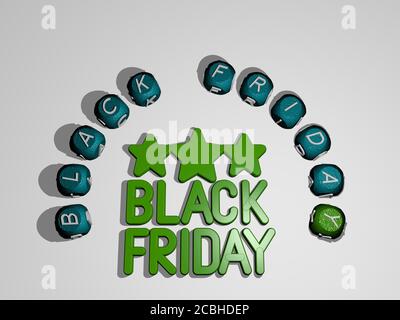 Icona DEL BLACK FRIDAY circondata dal testo di singole lettere - illustrazione 3D per sfondo e astratto Foto Stock