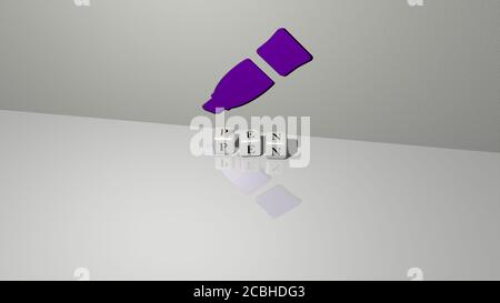 testo della penna di lettere cubiche sui dadi sul pavimento e. Icona 3D sulla parete - immagine 3D per sfondo e business Foto Stock