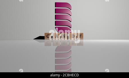 Testo CARAMELLATO di lettere cubiche di dadi sul pavimento e. Icona 3D sulla parete - immagine 3D per sfondo e cioccolato Foto Stock