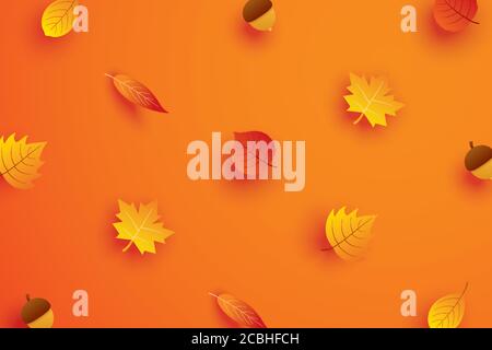 Foglie autunnali in stile arte su sfondo arancione. Illustrazione Vettoriale