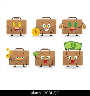 Marrone valigia cartoon carattere con simpatico emoticon portare denaro Illustrazione Vettoriale