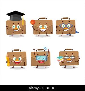 Studente di scuola di carattere cartoon marrone valigia con varie espressioni Illustrazione Vettoriale