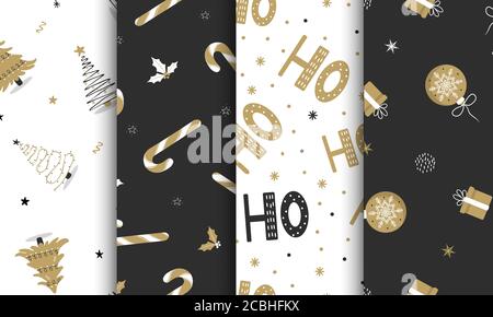 Set di motivi senza cuciture con elementi natalizi su sfondo bianco e scuro. Perfetto per inviti alle vacanze, biglietti d'auguri invernali, carta da parati e. Illustrazione Vettoriale