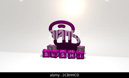 Rappresentazione 3D del SUSHI con icona sulla parete e. testo disposto da lettere cubiche metalliche su un pavimento a specchio per il significato concettuale e presentazione slideshow per cibo e giapponese Foto Stock