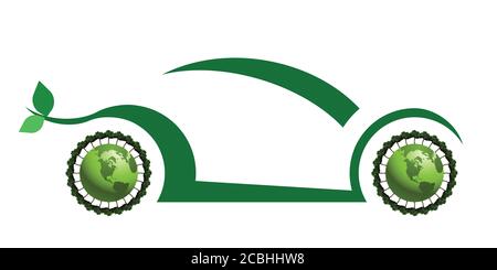 Green concept car che promuove sistemi di propulsione elettrici o a idrogeno in movimento lontano dai motori a benzina e diesel isolati su sfondo bianco Foto Stock