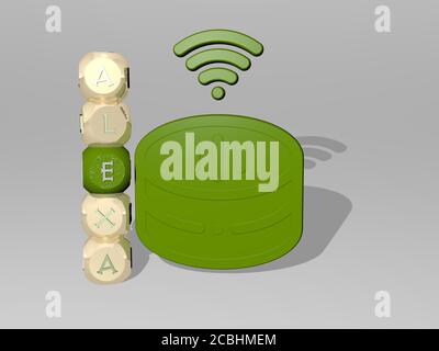 Rappresentazione 3D di alexa con icona sulla parete e. testo disposto da lettere cubiche metalliche su un pavimento a specchio per il significato concettuale e la presentazione di presentazioni per amazon ed echo Foto Stock