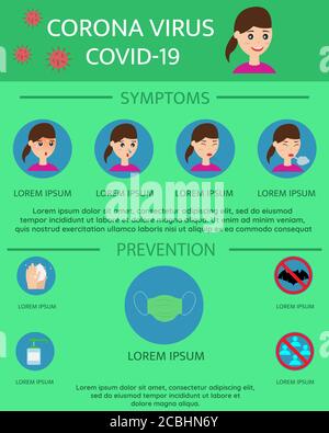 Disegno vettoriale di illustrazione dei sintomi del coronavirus covid-19 e infografiche di prevenzione Illustrazione Vettoriale