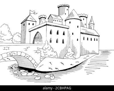 Castello lago grafico bianco nero disegno paesaggio vettore illustrazione Illustrazione Vettoriale