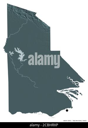Forma di occidentale, provincia di Papua Nuova Guinea, con la sua capitale isolata su sfondo bianco. Mappa di elevazione colorata. Rendering 3D Foto Stock