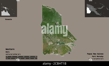 Forma di occidentale, provincia di Papua Nuova Guinea, e la sua capitale. Scala della distanza, anteprime ed etichette. Immagini satellitari. Rendering 3D Foto Stock