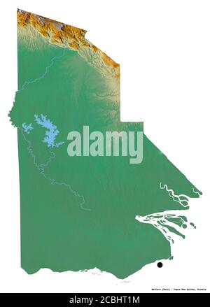 Forma di occidentale, provincia di Papua Nuova Guinea, con la sua capitale isolata su sfondo bianco. Mappa di rilievo topografico. Rendering 3D Foto Stock