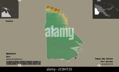 Forma di occidentale, provincia di Papua Nuova Guinea, e la sua capitale. Scala della distanza, anteprime ed etichette. Mappa di rilievo topografico. Rendering 3D Foto Stock