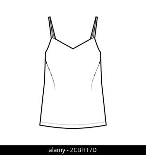 Camisole illustrazione tecnica della moda con collo a V lusinghiero, cinghie, calzata rilassata, lunghezza tonica. Modello di abbigliamento da esterno piatto, colore bianco. Donna, uomo maglia unisex top mockup CAD Illustrazione Vettoriale