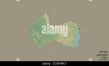 Area di Canindeyú, dipartimento del Paraguay, isolato su uno sfondo solido in un rettangolo di selezione georeferenziato. Etichette. Mappa di rilievo topografico. Rendering 3D Foto Stock