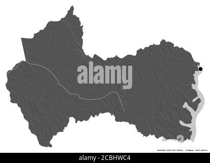 Forma di Canindeyú, dipartimento del Paraguay, con la sua capitale isolata su sfondo bianco. Mappa elevazione bilivello. Rendering 3D Foto Stock