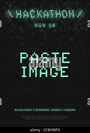 Volantino hackathon. Retrowave cyberpunk futuristico copertina con 8-bit pixel glitch tipografia, codice binario e spazio di copia. Insieme di date con numeri Illustrazione Vettoriale