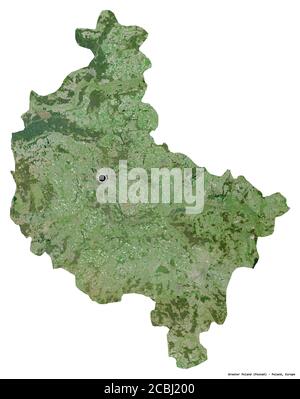 Forma della Grande Polonia, voivodato di Polonia, con la sua capitale isolata su sfondo bianco. Immagini satellitari. Rendering 3D Foto Stock