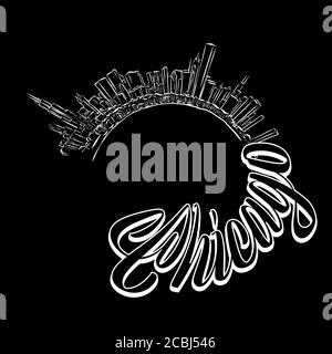 Disegno dello skyline di Chicago . Illustrazione in bianco e nero disegnata a mano. Simbolo dell'icona per la stampa e l'etichettatura. Illustrazione Vettoriale