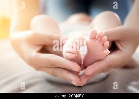 Buon rapporto nel concetto di famiglia : i piedi del bambino del neonato nelle mani della madre. Il genitore tiene i piedi piccoli del bambino neonato nelle mani con cura delicata Foto Stock