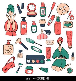 Set di bellezza per carte, poster, striscioni, adesivi, cataloghi, libri. Prodotti per la cura della pelle e trucco per il negozio di cosmetici, negozio online. Icone simpatici per la stampa e. Illustrazione Vettoriale