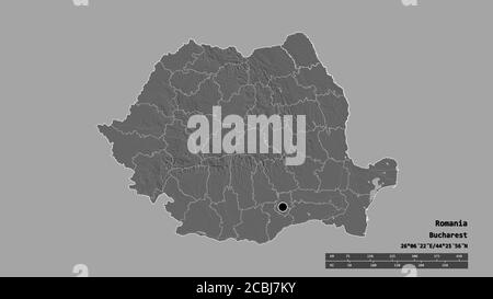 Forma desaturata della Romania con la sua capitale, la principale divisione regionale e la zona separata di Botoșani. Etichette. Mappa elevazione bilivello. Rendering 3D Foto Stock