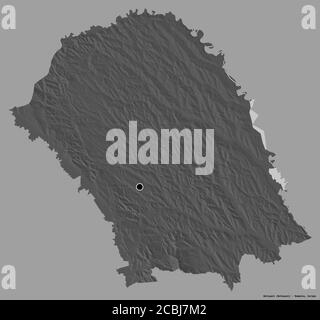 Forma di Botoșani, contea della Romania, con la sua capitale isolata su uno sfondo a tinta unita. Mappa elevazione bilivello. Rendering 3D Foto Stock