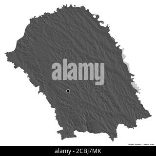 Forma di Botoșani, contea della Romania, con la sua capitale isolata su sfondo bianco. Mappa elevazione bilivello. Rendering 3D Foto Stock