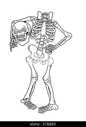Scheletro umano divertente. Disegno di Halloween. Modello di colorazione. Foto Stock