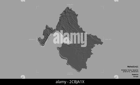 Area di Mehedinți, contea della Romania, isolata su uno sfondo solido in una scatola di delimitazione georeferenziata. Etichette. Mappa elevazione bilivello. Rendering 3D Foto Stock