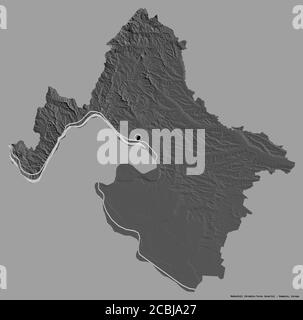 Forma di Mehedinți, contea della Romania, con la sua capitale isolata su uno sfondo a tinta unita. Mappa elevazione bilivello. Rendering 3D Foto Stock