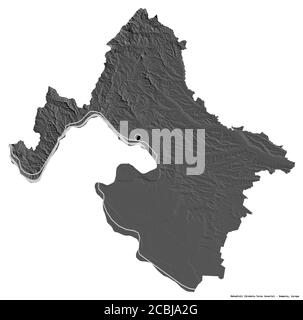 Forma di Mehedinți, contea della Romania, con la sua capitale isolata su sfondo bianco. Mappa elevazione bilivello. Rendering 3D Foto Stock
