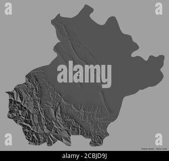 Forma della Cecenia, repubblica di Russia, con la sua capitale isolata su uno sfondo di colore pieno. Mappa elevazione bilivello. Rendering 3D Foto Stock