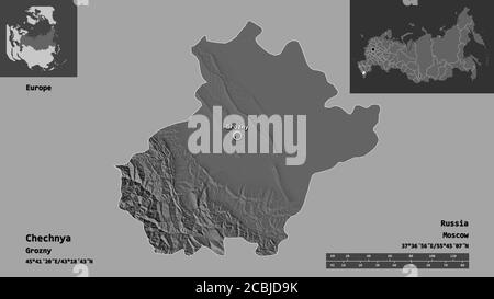Forma della Cecenia, della repubblica di Russia e della sua capitale. Scala della distanza, anteprime ed etichette. Mappa elevazione bilivello. Rendering 3D Foto Stock