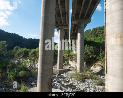 Ponte dell'autostrada a più corsie con colonne in cemento armato su un fiume visto dal basso. Sfondo blu cielo Foto Stock