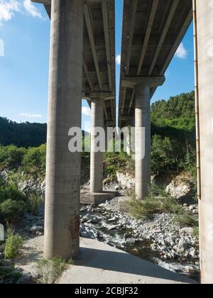 Ponte dell'autostrada a più corsie con colonne in cemento armato su un fiume visto dal basso. Sfondo blu cielo Foto Stock