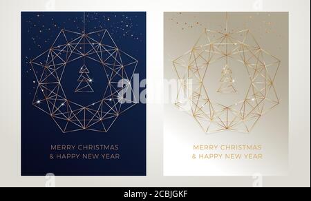 Biglietti d'auguri natalizi disegnati con la corona di natale stilizzata, l'albero di natale e la decorazione di fiocchi di neve. Elegante illustrazione grafica vettoriale con linea oro Illustrazione Vettoriale