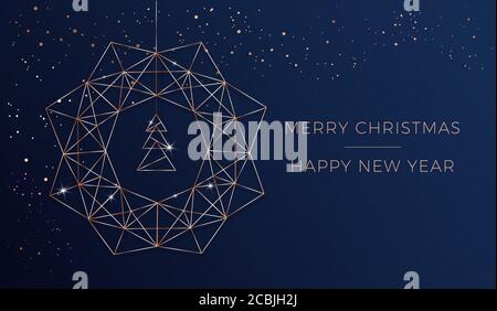 Merry Natale e felice anno nuovo scheda - vettore modello di design moderno con astratta corona di natale e decorazioni albero di natale. Rosa geometrica Illustrazione Vettoriale
