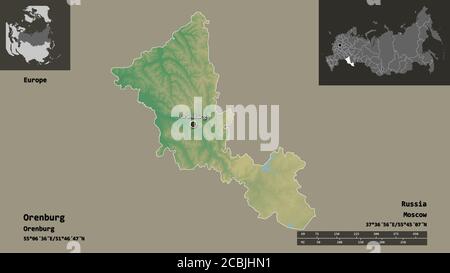 Forma di Orenburg, regione della Russia, e la sua capitale. Scala della distanza, anteprime ed etichette. Mappa di rilievo topografico. Rendering 3D Foto Stock