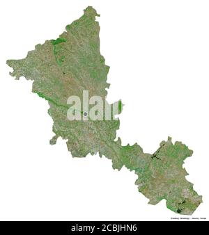 Forma di Orenburg, regione della Russia, con la sua capitale isolata su sfondo bianco. Immagini satellitari. Rendering 3D Foto Stock