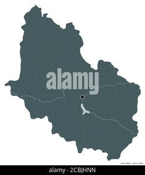 Forma di Penza, regione della Russia, con la sua capitale isolata su sfondo bianco. Mappa di elevazione colorata. Rendering 3D Foto Stock