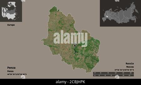 Forma di Penza, regione della Russia, e la sua capitale. Scala della distanza, anteprime ed etichette. Immagini satellitari. Rendering 3D Foto Stock