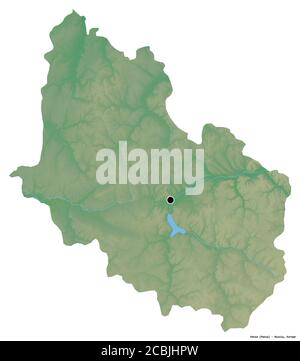 Forma di Penza, regione della Russia, con la sua capitale isolata su sfondo bianco. Mappa di rilievo topografico. Rendering 3D Foto Stock