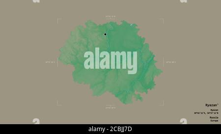 Area di Ryazan', regione della Russia, isolata su uno sfondo solido in un rettangolo di selezione georeferenziato. Etichette. Mappa di rilievo topografico. Rendering 3D Foto Stock