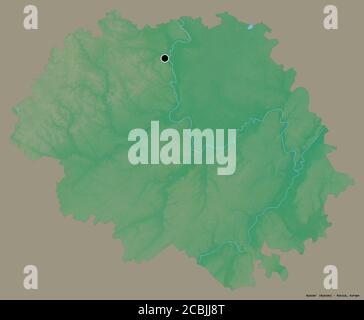 Forma di Ryazan', regione della Russia, con la sua capitale isolata su uno sfondo di colore pieno. Mappa di rilievo topografico. Rendering 3D Foto Stock