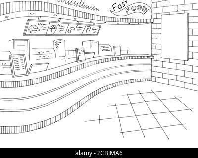 Fast food interno grafico nero bianco ristorante disegno vettore Illustrazione Vettoriale