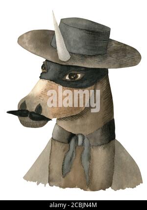 Misterioso supereroe unicorno scuro acquerello. Stampa per ragazzi. Foto Stock