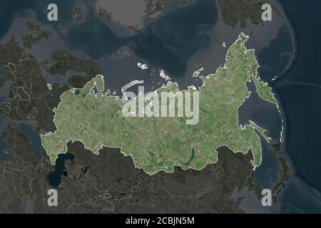 Forma della Russia separata dalla desaturazione delle aree limitrofe. Bordi. Immagini satellitari. Rendering 3D Foto Stock