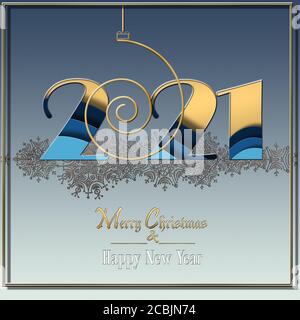 2021 biglietto d'auguri elegante minimalista di lusso di Capodanno con cifre d'oro brillanti 2021 su sfondo blu pastello, scritta Merry Christmas Felice Anno Nuovo. Banner, poster, simbolo. Illustrazione 3D. Foto Stock